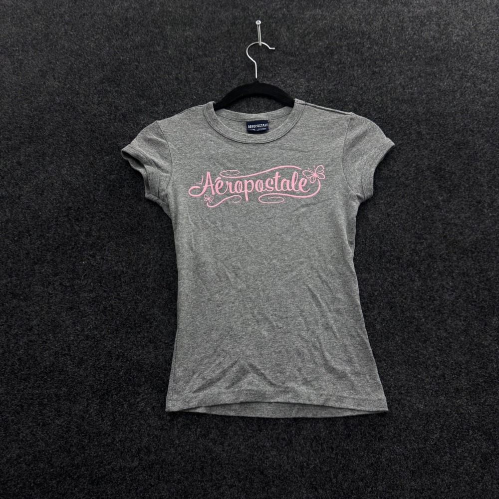 Aeropostale Gray Pink Glitter Logo Butterfly Graphic Tee Slim Fit XS Cotton